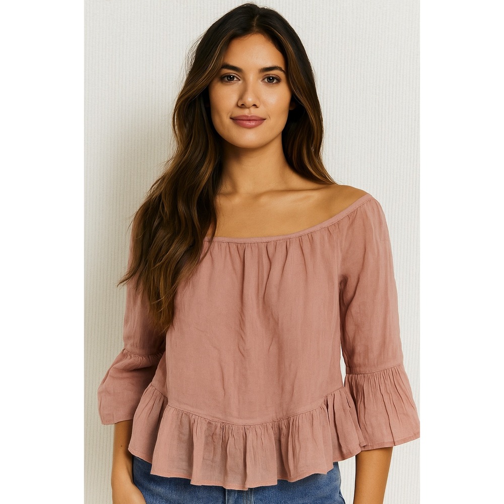 BCBGMAXAZRIA Womens Top Small Pink Off Shoulder Ruffle Bell Sleeve Gauze‎ Blouse
